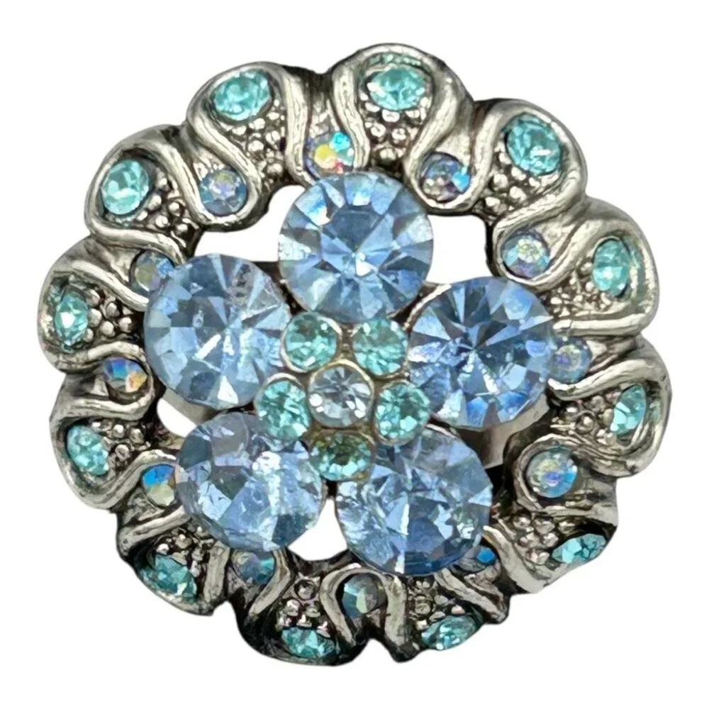 Blue Rhinestone Floral Cocktail Ring Adjustable Silver Tone